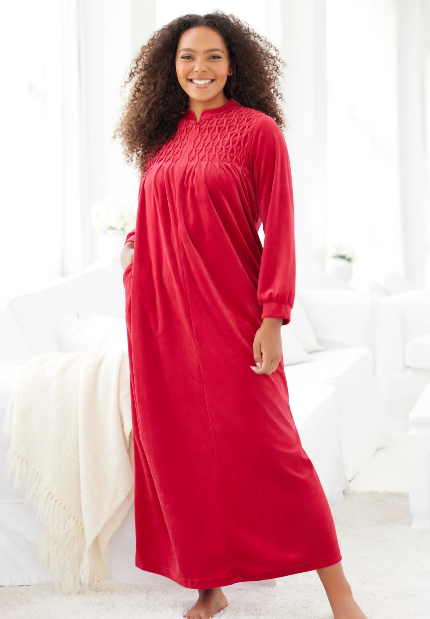 Smocked Velour Long Robe