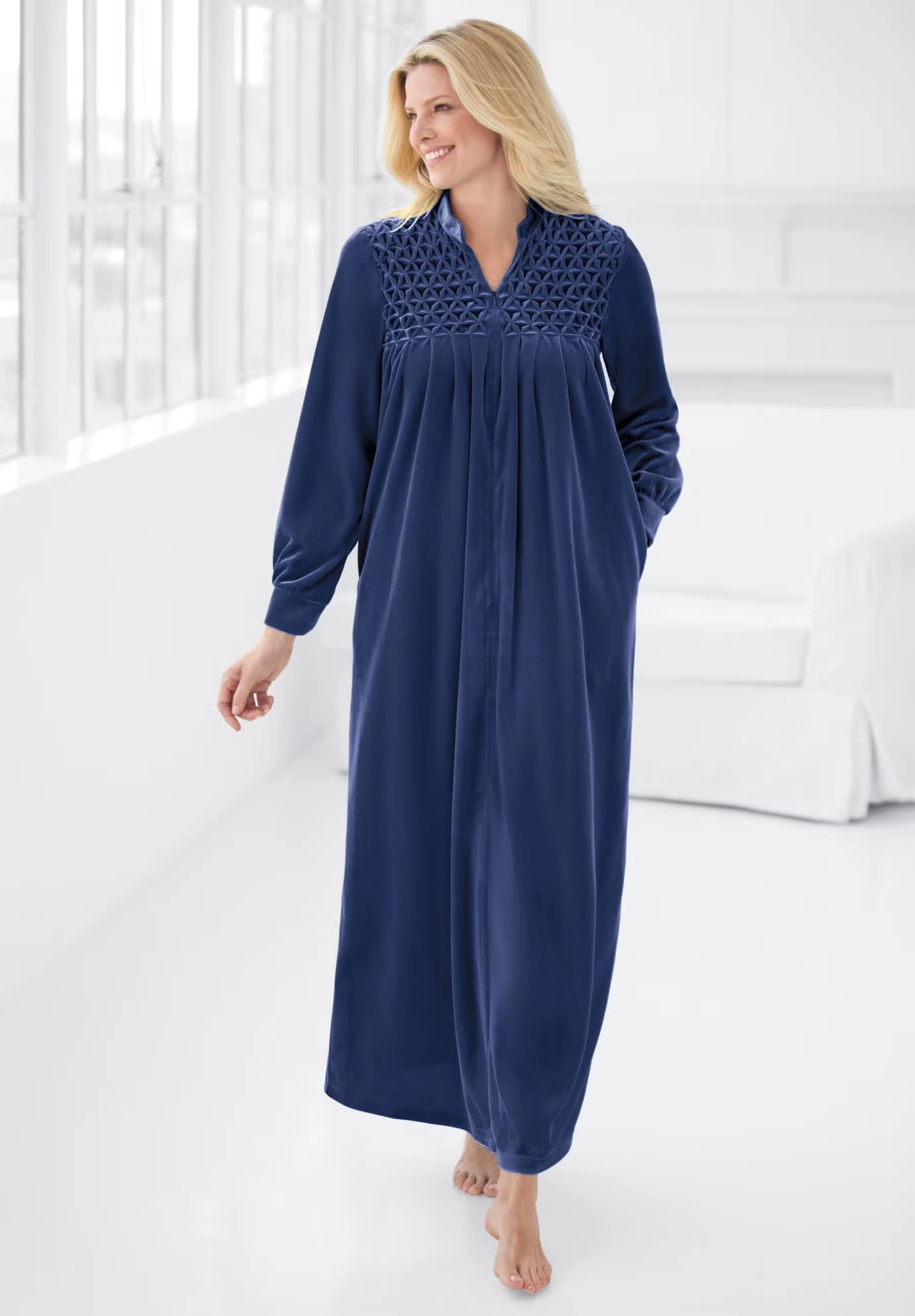 Smocked Velour Long Robe