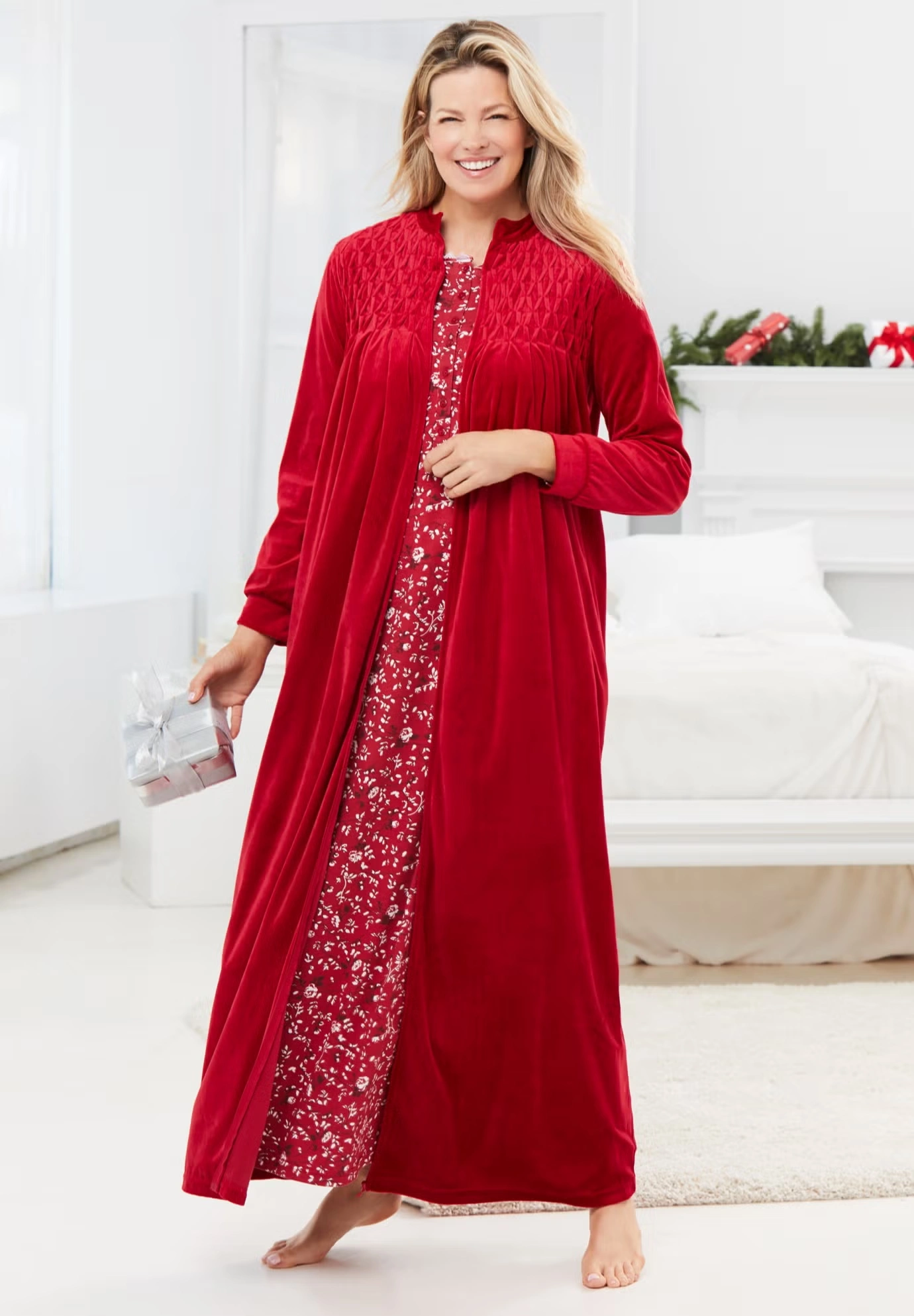 Smocked Velour Long Robe