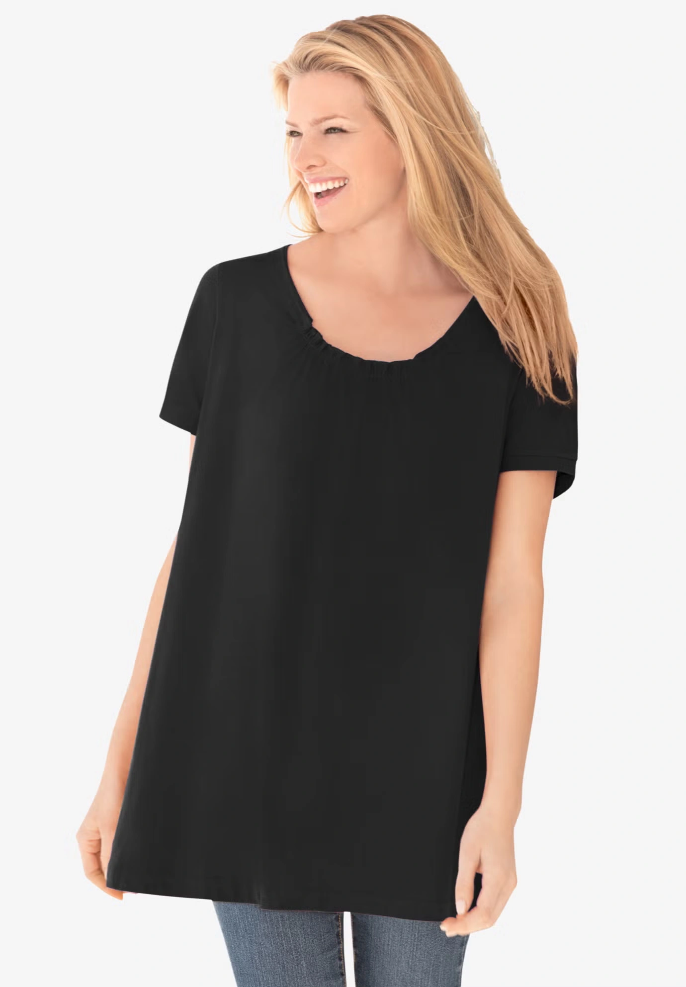 Perfect Short-Sleeve Shirred U-Neck Tunic