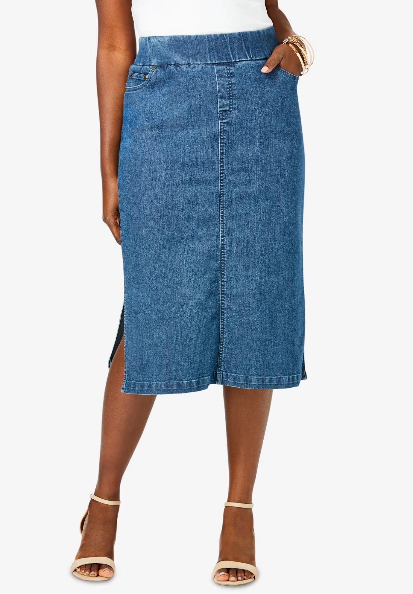 Comfort Waist Stretch Denim Midi Skirt