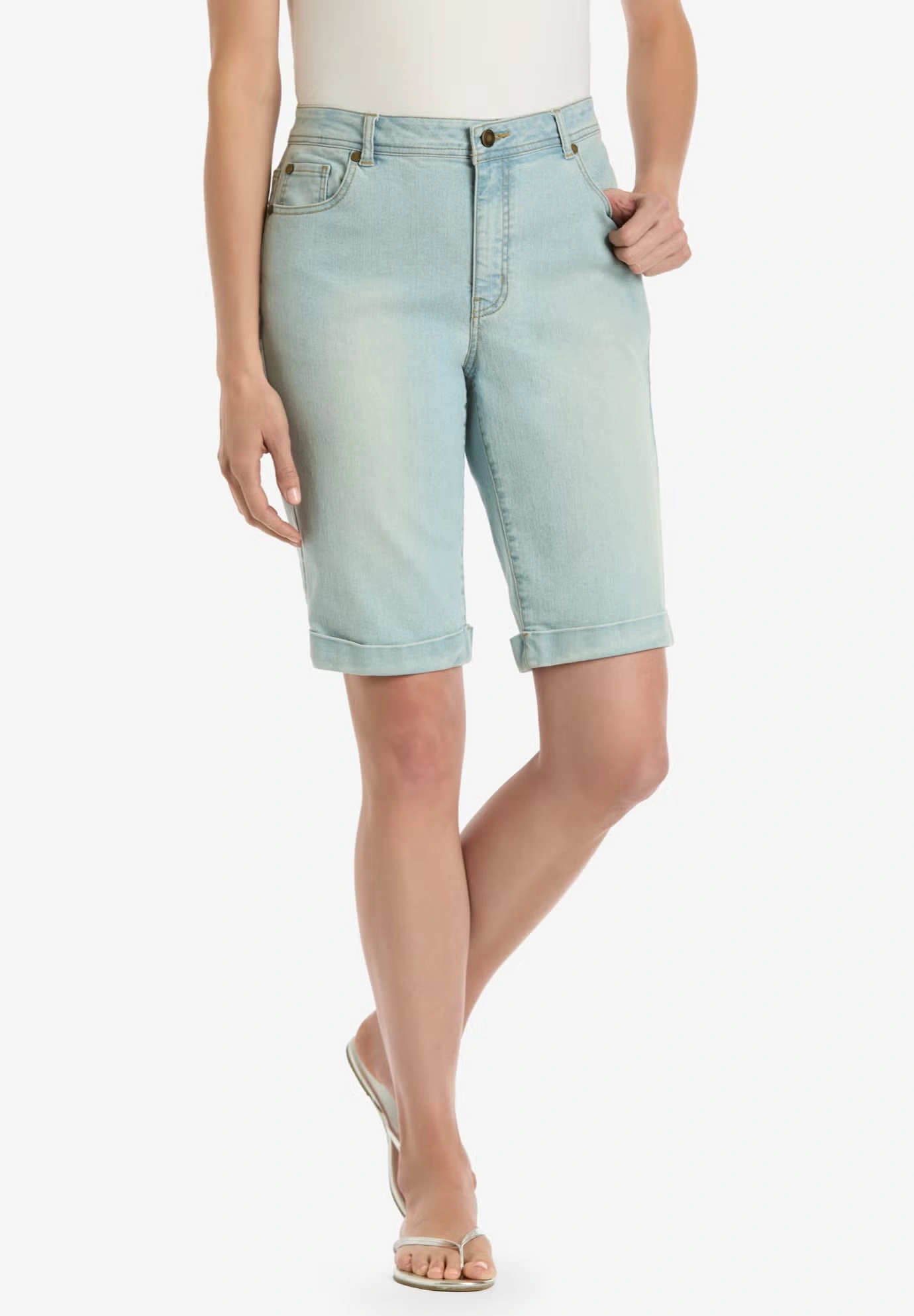 Stretch-Denim Five-Pocket Bermuda Jeans Shorts