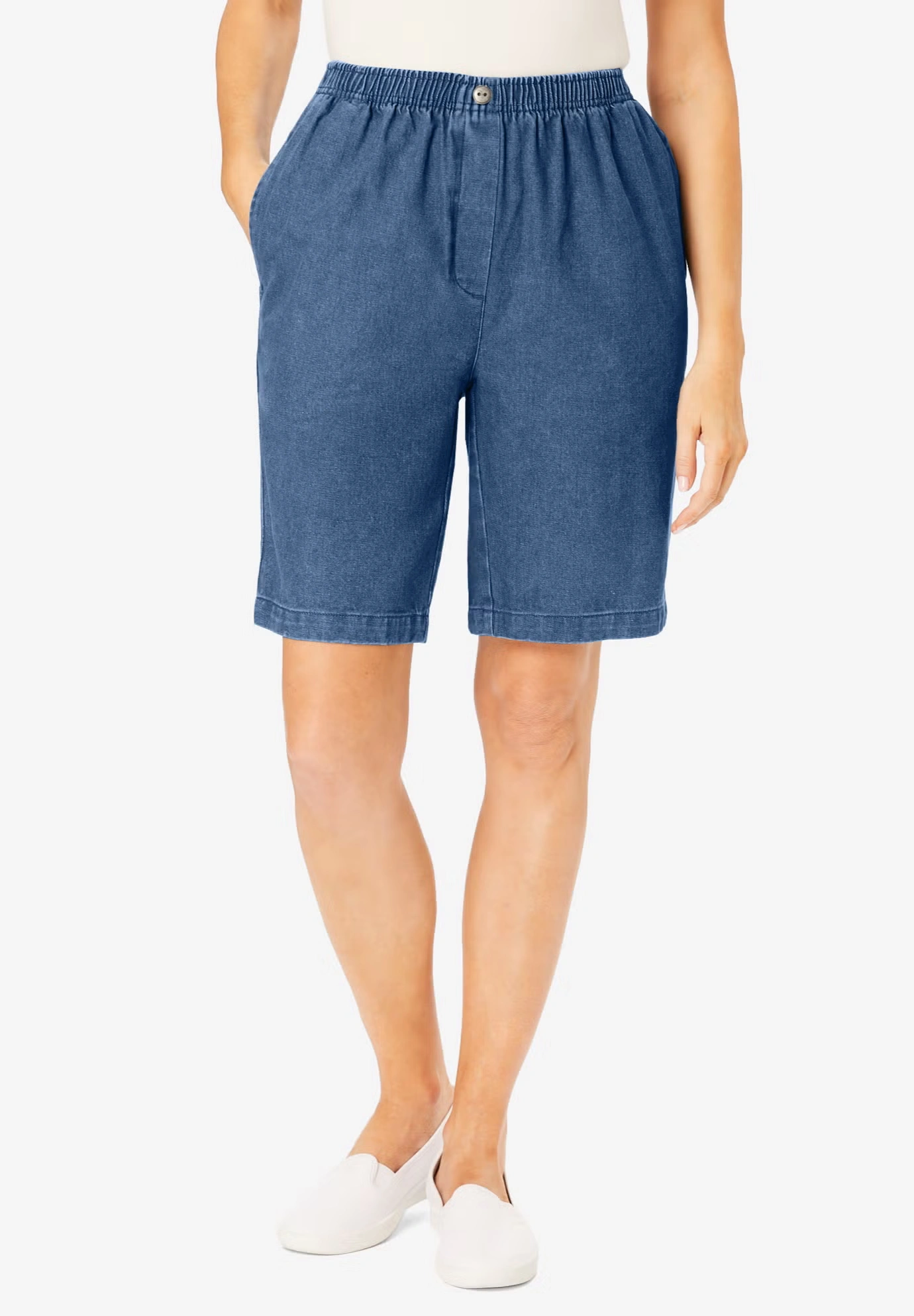 7-Day Elastic-Waist Pull-On Cotton Denim Shorts