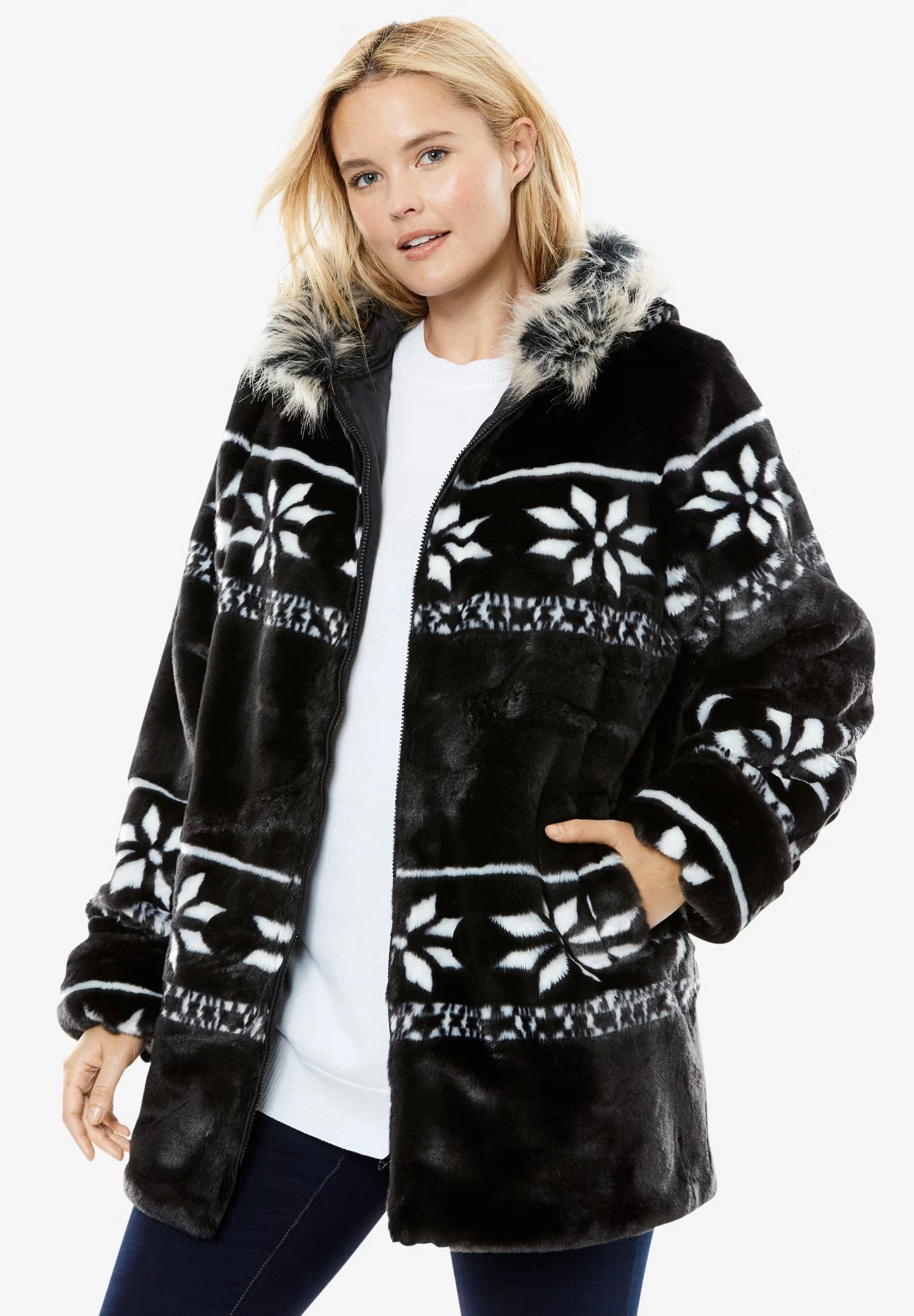 Faux Fur Snowflake Print Hooded Jacket
