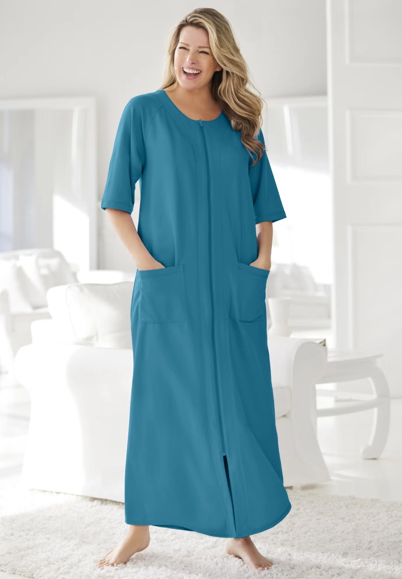 Long French Terry Zip-Front Robe 4 Long French Terry Zip-Front Robe