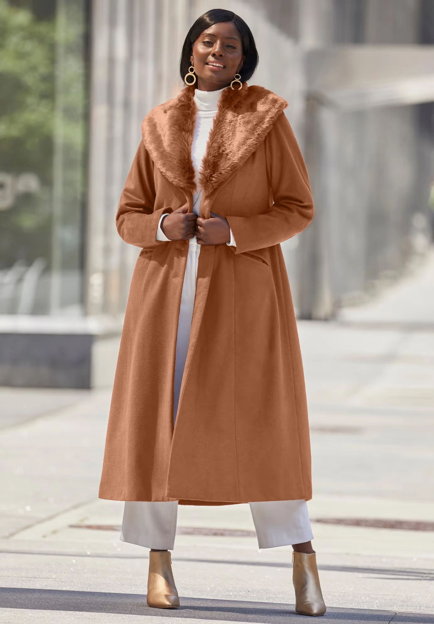 Long Wool-Blend Coat with Faux Fur Collar