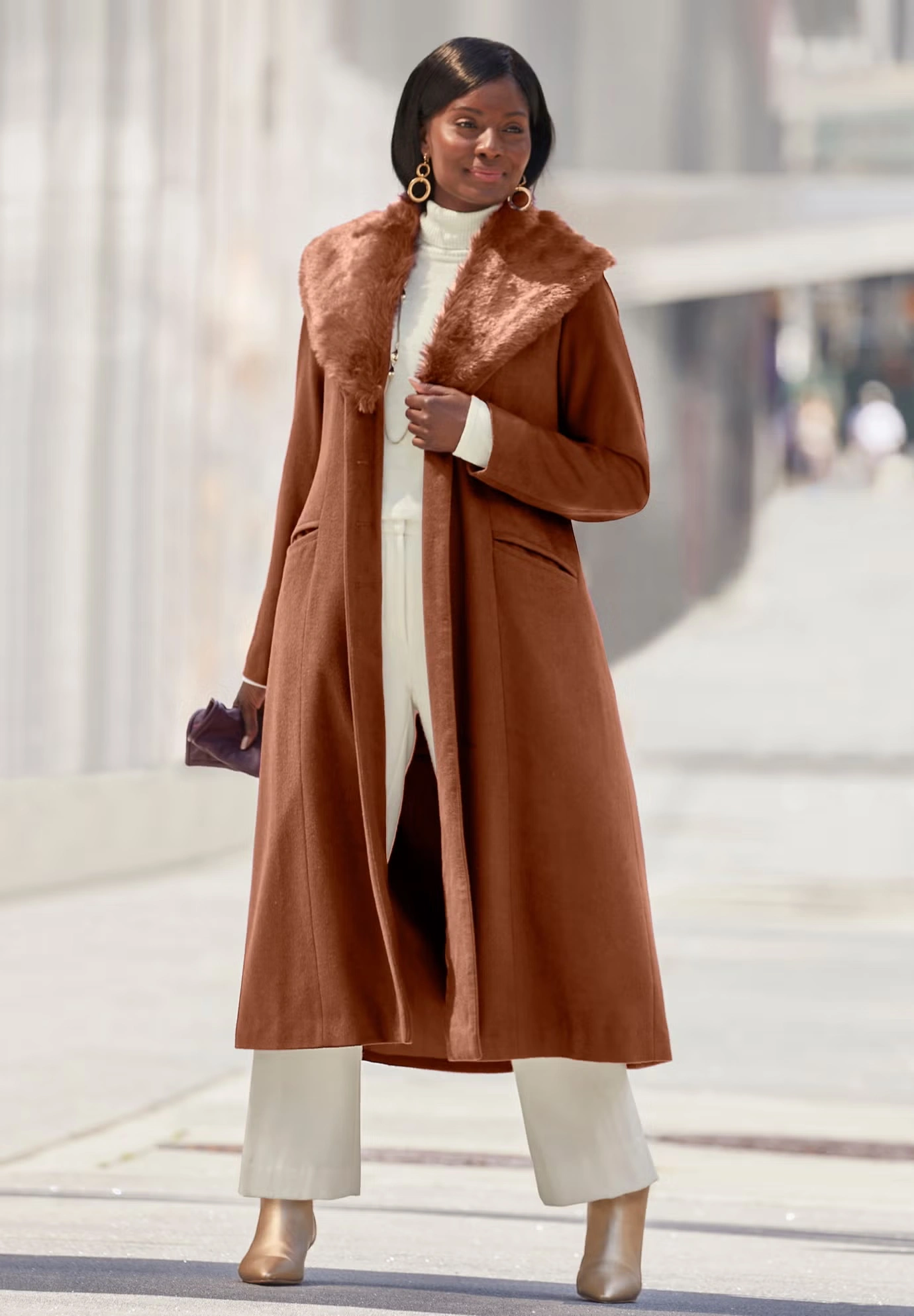 Long Wool-Blend Coat with Faux Fur Collar