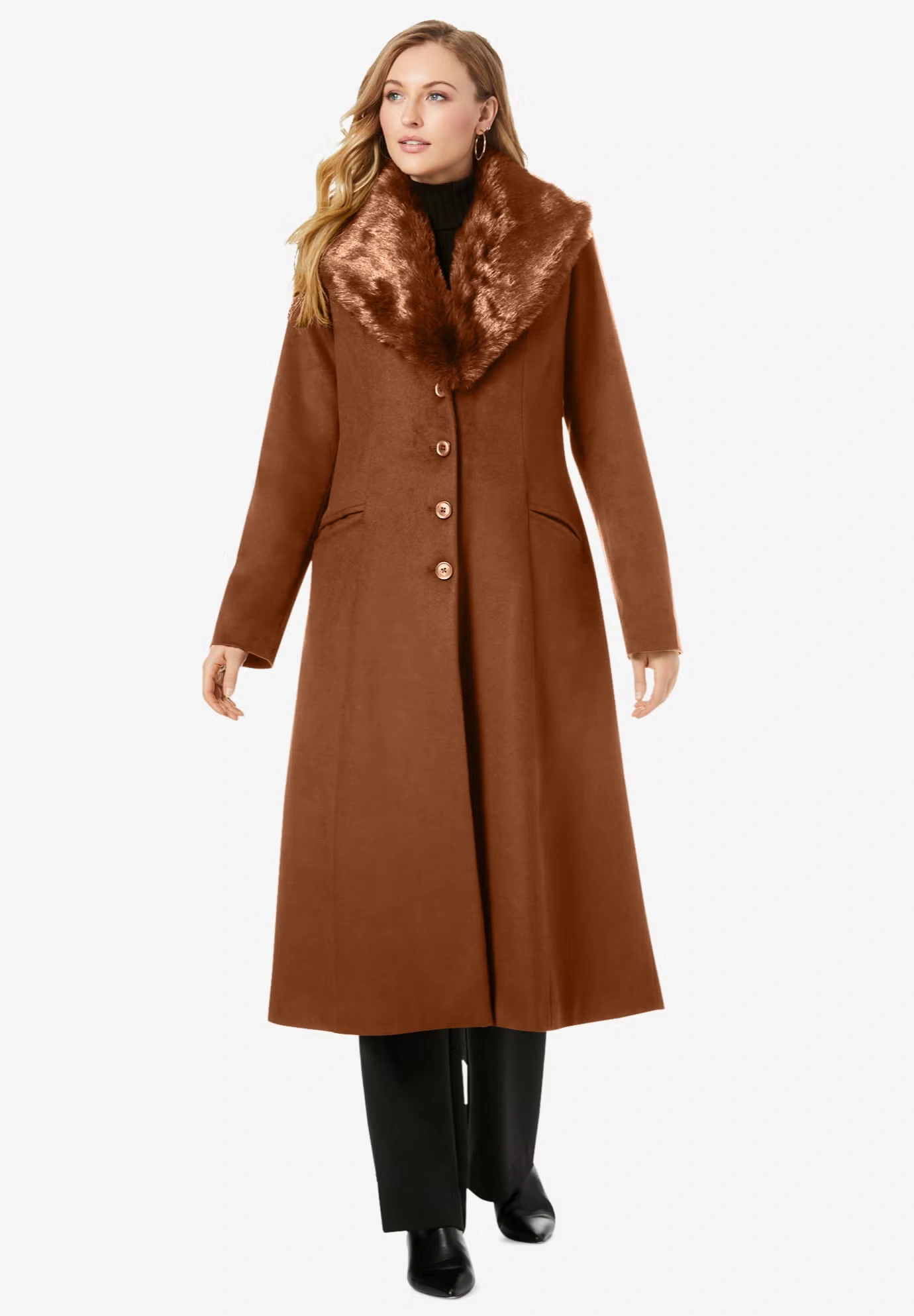 Long Wool-Blend Coat with Faux Fur Collar 3 Long Wool-Blend Coat with Faux Fur Collar