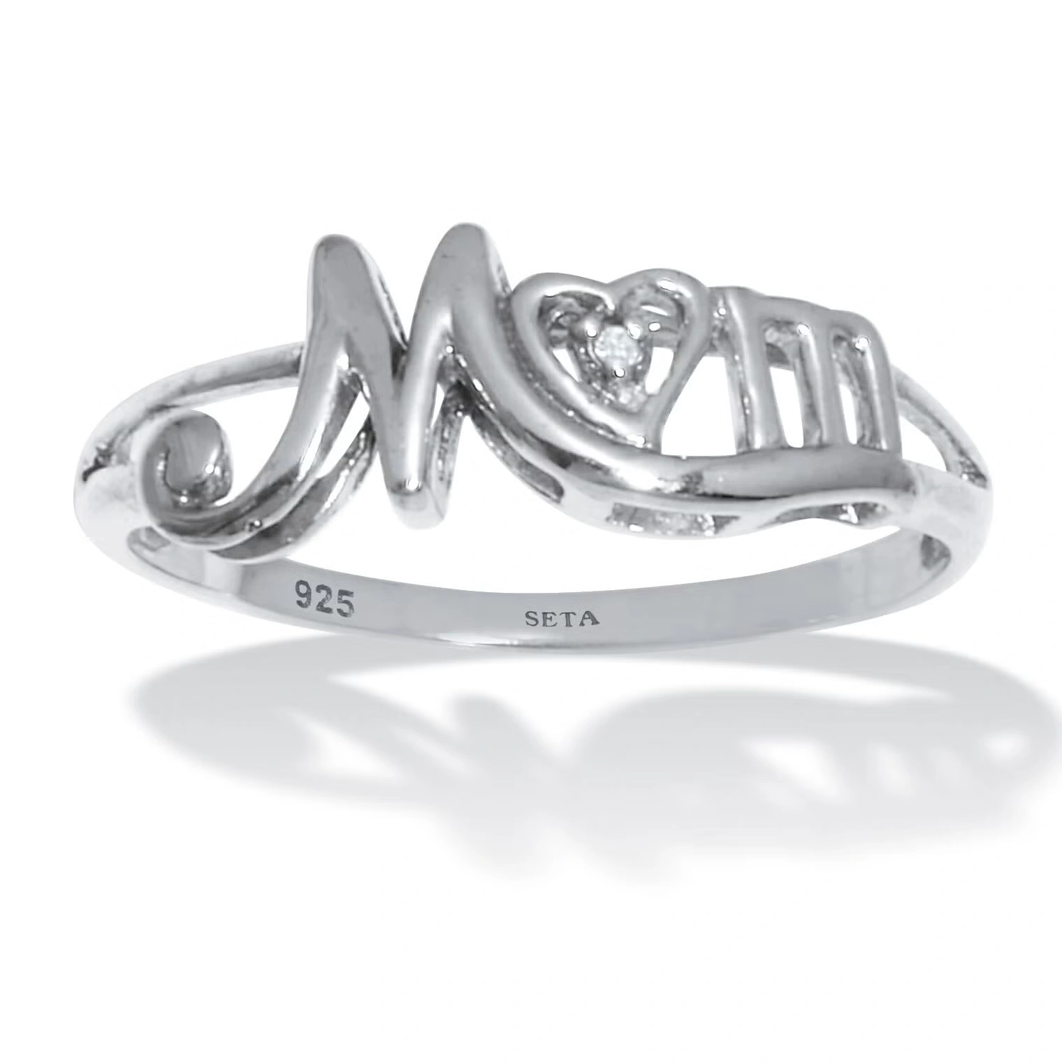 Round Diamond "Mom" Heart Sterling Silver Ring