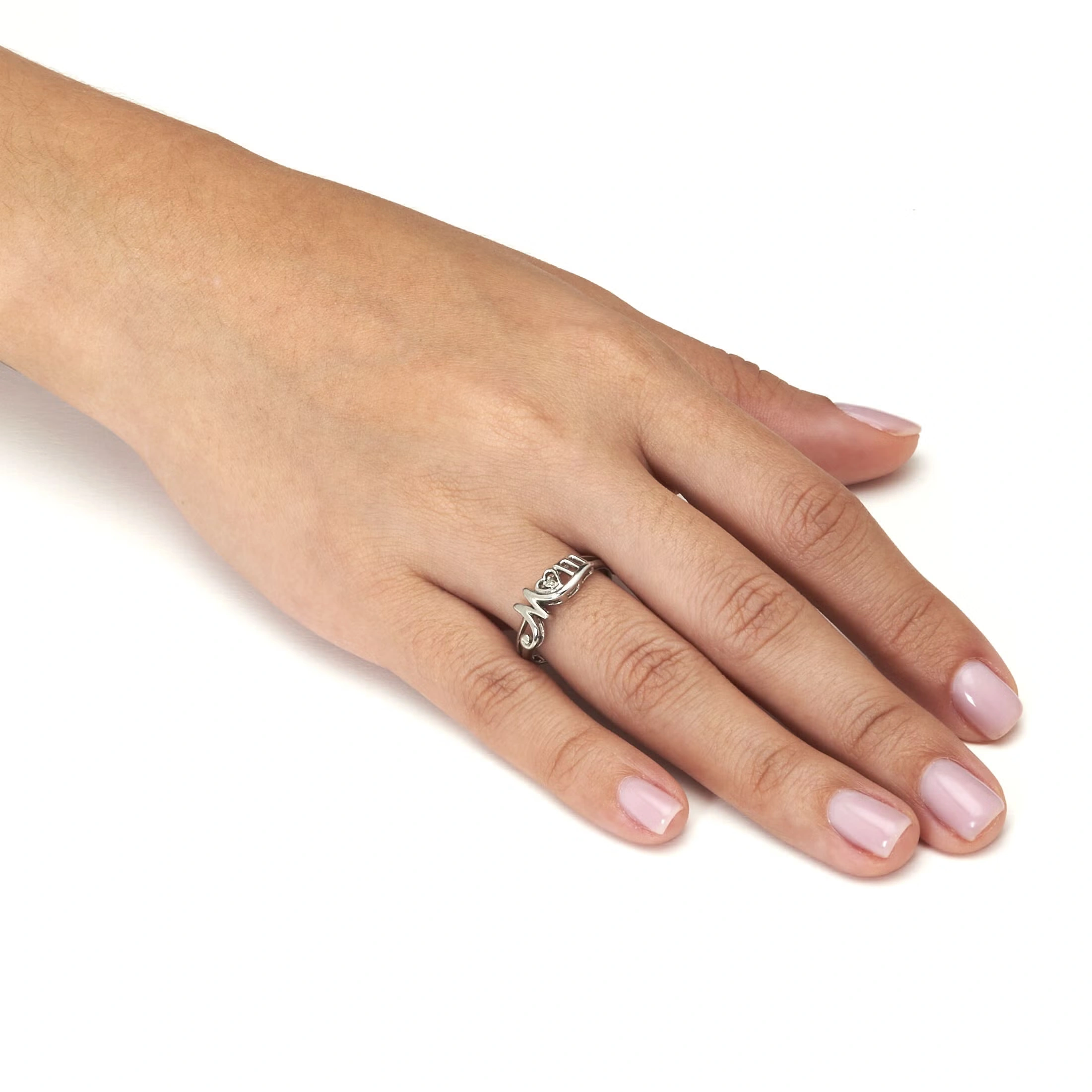 Round Diamond "Mom" Heart Sterling Silver Ring 3 Round Diamond "Mom" Heart Sterling Silver Ring