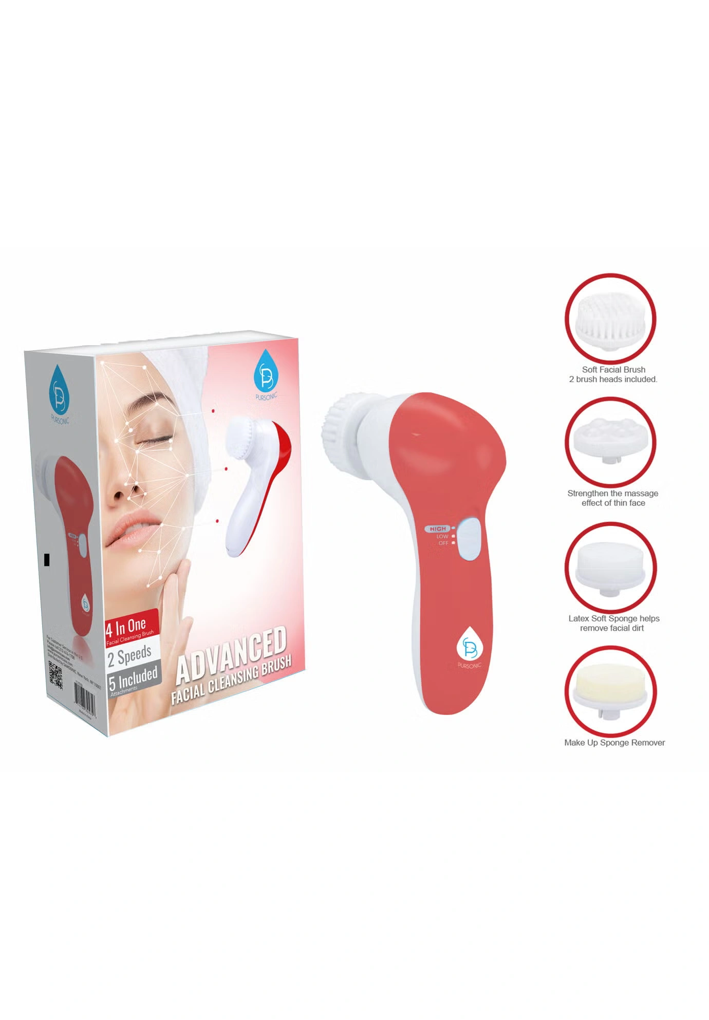 Facial Cleaner With 5 Attachments-Red 5 Facial Cleaner With 5 Attachments-Red