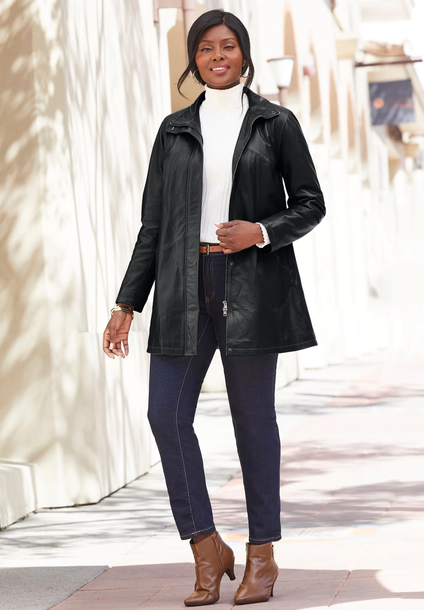 A-Line Zip Front Leather Jacket