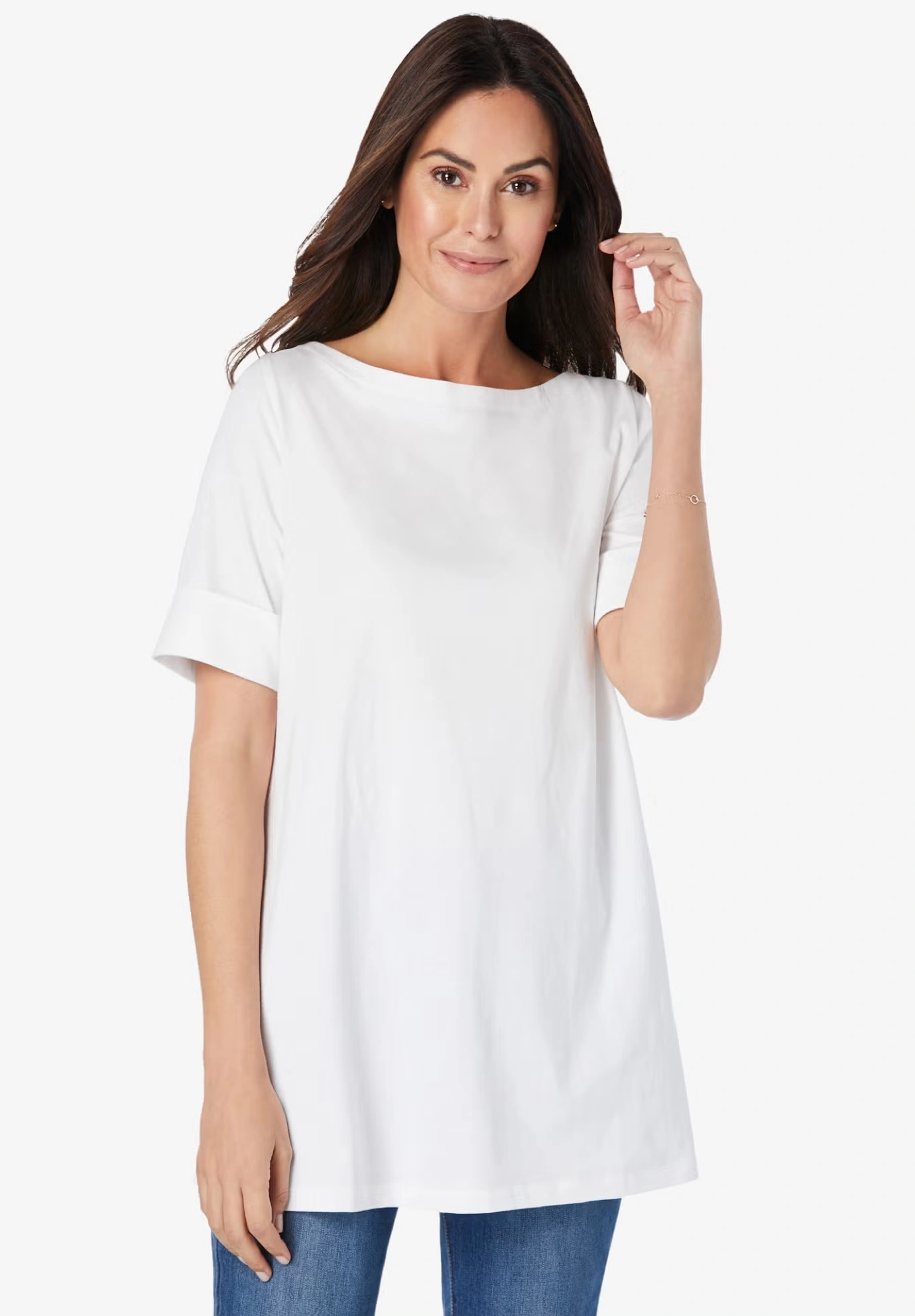 Perfect Cuffed Elbow-Sleeve Boat-Neck Tee